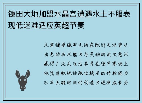 镰田大地加盟水晶宫遭遇水土不服表现低迷难适应英超节奏